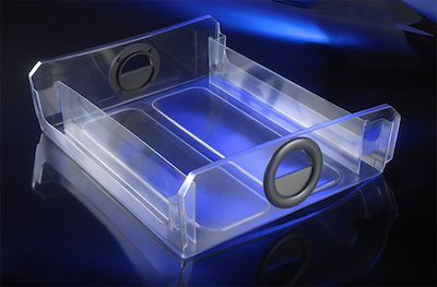 Clear tray manufactured using SLA technology with ClearVue material finish